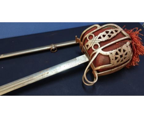 Good quality copy of a Scottish Victorian Officers Broad Sword with basket hilt, complete with steel scabbard 