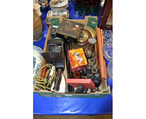 Box of mixed items to include vintage Koilos camera, assorted vintage binoculars, irons, barometer etc