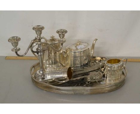 Mixed Lot: Silver plated tea service, candelabra, serving tray, silver plated model pheasants etc