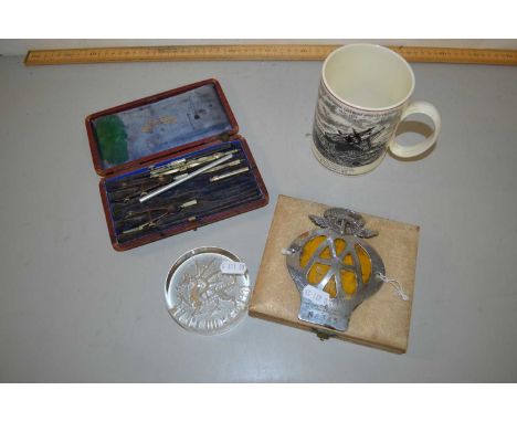 Cased vintage drawing set, AA badge, cased teaspoons, comemorative paperweight and mug
