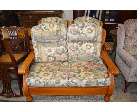 Wood framed two seater sofa and matching pair of armchairs