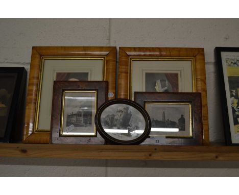 A pair of small portrait studies of a couple in Victorian dress together with two small coloured engravings of Views of Bosto