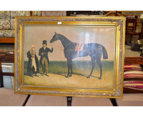 Reproduction oleograph study of a racehorse, gilt framed