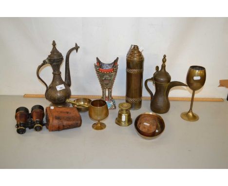 Mixed Lot: Various assorted brass wares, vintage binoculars etc