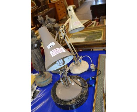 Two vintage anglepoise lamps together with a polished stone stand