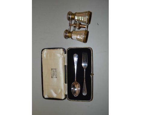 Pair of vintage opera glasses and cased Harrods silver plated christening cutlery