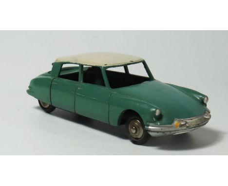 Two French Dinky 24d Plymouth Belvedere _ one in green boxed, the other grey _ Number plated, slight paint loss, box stained,