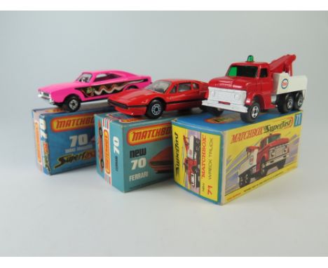 Matchbox MB 70c Dodge Dragster, boxed AND 70e Ferrari 308 GTB, boxed AND 71c Ford Heavy Wrecker 'ESSO', boxed _ all mint/near