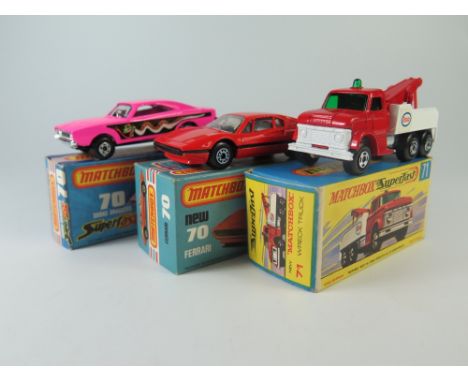 Matchbox MB 70c Dodge Dragster, boxed AND 70e Ferrari 308 GTB, boxed AND 71c Ford Heavy Wrecker 'ESSO', boxed _ all mint/near