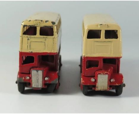 Two Dinky 29c Double Decker Buses 2nd type in red and cream and 3rd type in green and cream AND Dinky 29e Single Deck Bus in 