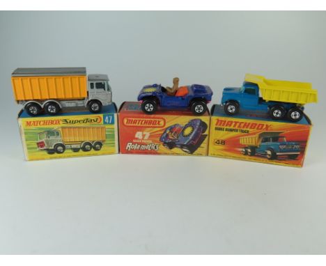 Matchbox MB 47c DAF Truck, boxed _ near mint, box mint AND 47d Beach Hopper, boxed AND 48 c Dodge Dumper Truck, boxed _ both 