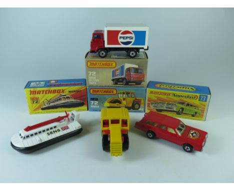 Matchbox 72c SRN Hovercraft, boxed AND 72d Bomag Road Roller, boxed AND 72e Dodge Delivery 'PEPSI', boxed AND 73 Mercury Comm