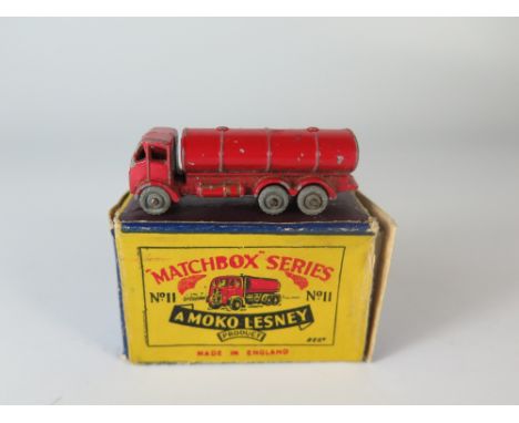 Matchbox MB 11 11a E.R.F. Road Tanker 'Esso' decal, red, boxed _ Playworn, box poor