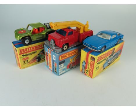 Matchbox MB 13e Baja Buggy, boxed _ mint, box mint AND 13f Snorkel Fire Engine, boxed _ mint, box min AND 14d Iso Grifo, boxe