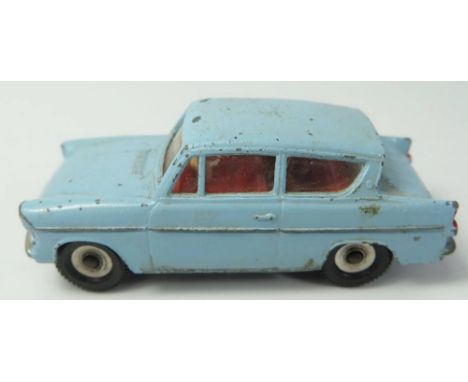 Dinky 155 Ford Anglia 105E South Africa Issue in light blue with red interior _ Playworn