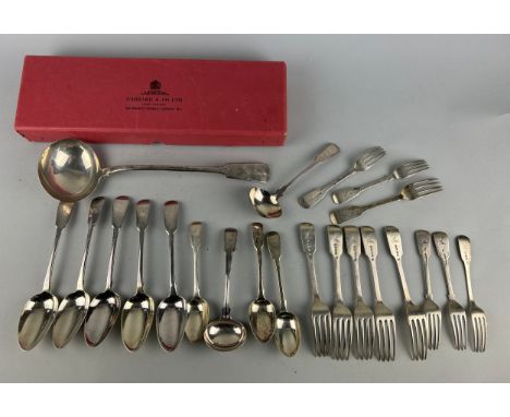 A SILVER CUTLERY SET WITH THE HAILE FAMILY CREST, Consisting of forks, spoons, soup spoons, serving spoons and one giant ladl