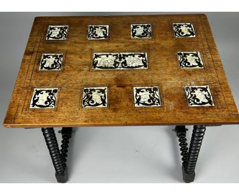 AN 18TH CENTURY SPANISH WALNUT OCCASIONAL TABLE,Ivory and ebony inlay in twelve squares on four splay bobbin turned supports.