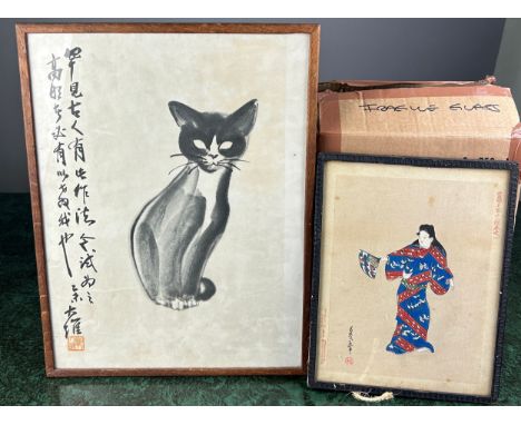 A CHINESE PRINT OF A CAT ALONG WITH A PENCIL AND WATERCOLOUR ON PAPER OF A LADY IN TRADITIONAL DRESS (2) Both mounted in fram