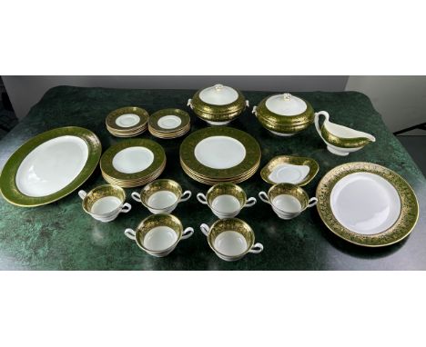 A WEDGWOOD PART DINNER SERVICE FLORENTINE 'ARRAS GREEN' W4170,Comprising 6 soup cups, 12 saucers, 6 side plates, 6 dinner pla