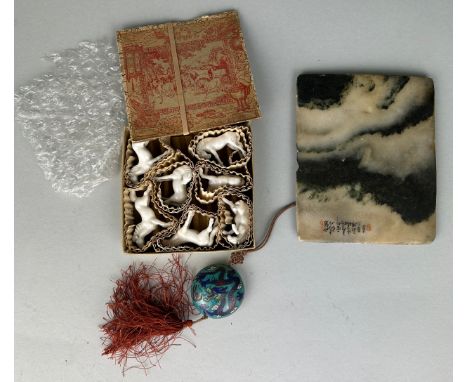 A CHINESE MARBLE PLAQUE, along with a box of Chinese white ceramic horses and a cloisonné dragon pendant. 