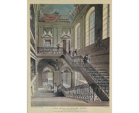 THE HALL AND STAIRCASE AT THE BRITISH MUSEUM, after Pugin and Rowlandson Coloured print published London 1808.