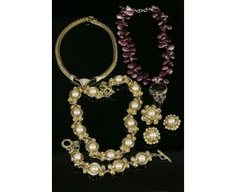 An Alexis Lanellec of Paris gold-plated necklace, bracelet, brooch and earring suite,with simulated mabé pearls set to scroll