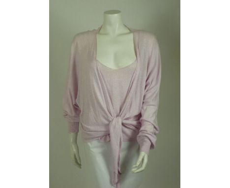 A Chanel baby pink cashmere twin set, including a strappy vest top and ballet-style tie cardigan, anda Chanel white cotton la