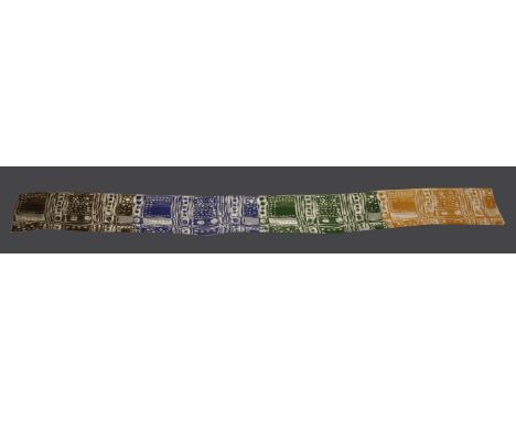 Lida Ascher, a white ground silk crêpe scarf,printed in an abstract design in blue, green, mustard and brown, doubled over to
