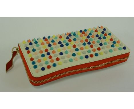 A Christian Louboutin 'Panettone' spike leather wallet,white leather with multicoloured spike studs, sectioned interior, red 