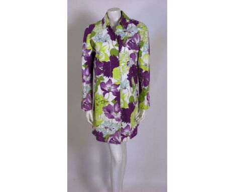 A Burberry London floral printed cotton canvas raincoat,purple and green poppy and hydrangea print design, with white enamel 