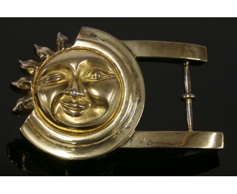 A Barry Kieselstein cord silver gilt celestial smiling/winking sun belt buckle,c.1990, satin finish moon face to a polished s