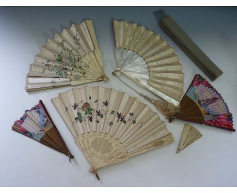 A 19th century silk fan, embroidered with oriental motifs, on mother-of-pearl stick and guards, with tassel, together with th