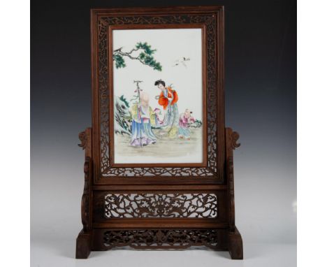 A beautiful hand painted porcelain plaque featuring a mother and long visited by the Chinese deity of Longevity, Shou. The pl