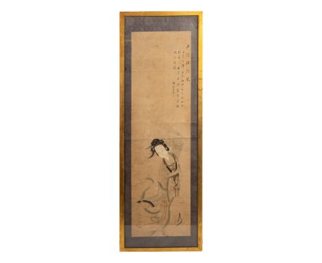 Original Qing dynasty ink and color wash on paper scroll that depicts a richly adorned standing woman. Chinese characters and