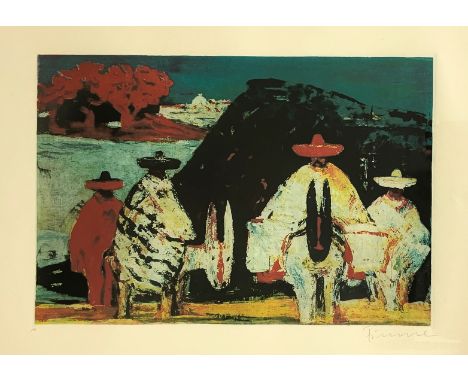 Lithograph by River portraying Mexicans on donkeys, signed on the lower right corner. P.A. In frame 75x90 cm