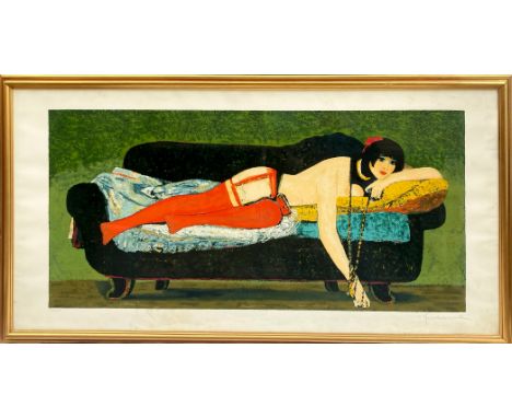 Salvatore Fiume (Comiso 1915 - Milan 1997) lithograph depicting Woman on chaise longue, No XXIV / XXVII. Cm 90 x 169 in frame