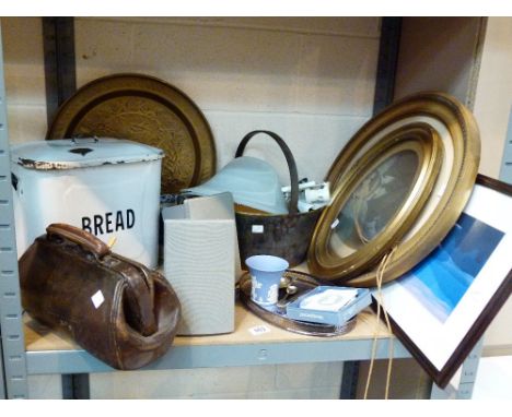 Shelf of mixed items including carved bowls, enamel bread bin, brass jam pan etc.