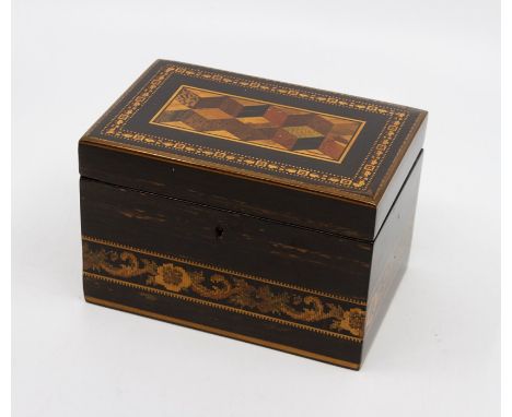 A 19th Century coromandel Tunbridge ware tea caddy, width 15cm