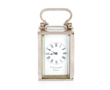An early 20th Century miniature French carriage timepiece, nickel case, visible escapement, enamel Roman dial signed W. Margr