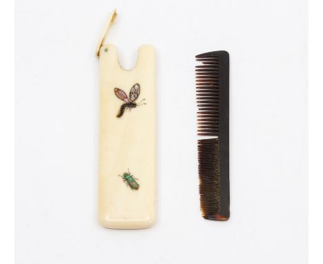 A Japanese ivory shibayama comb sleeve, Meiji period, 1868-1912, hinged cover, decorated with two insects, with a tortoiseshe