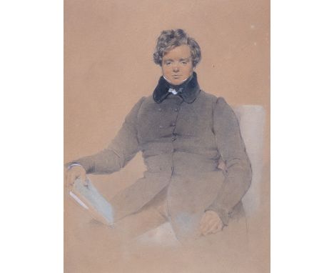 Fanny Doetger Corbaux (British, 1812-1883), portrait of a gentleman, three-quarter length seated, holding a book, watercolour