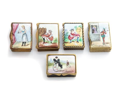 A collection of five late 19th Century European gilt metal vesta cases, circa 1890, each with an enamel scene to the cover, s