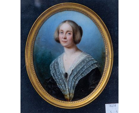 French School, circa 1840, portrait of Clara Cheyne, half length in a black dress with white lace collar, inscribed and dated
