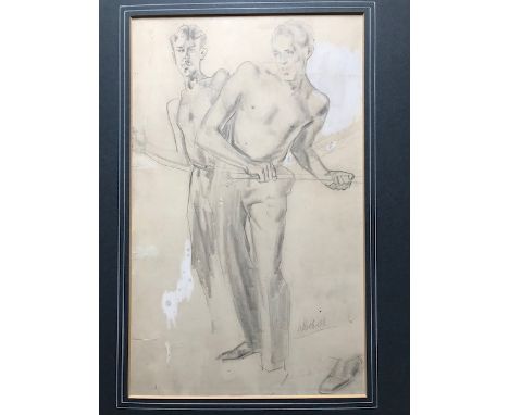 Sir William Dobell O.B.E. (Australian, 1899-1970), portrait of two young men, standing full length topless, signed l.r., penc