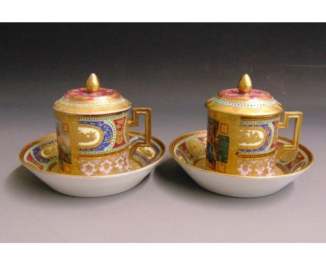 A pair of Vienna cans, saucers and covers, lavender ground, overlaid with bright enamels of blue red and pale green and elabo