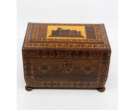 A 19th Century Tunbridge ware tea caddy, of sarcophagus form, the cover with a view of Windsor Castle, fitted interior with a