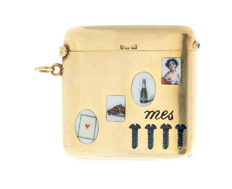 An Edwardian 18ct gold vesta case, inset Rebus enamel puzzle, maker Murrle Bennet & Co, London 1904 import marks, approximate