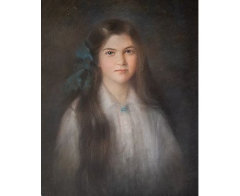 Isabel F. Douton (British, early 20th Century), portrait of a girl, half length in a white dress and blue ribbon in her hair,