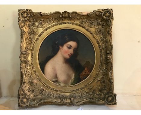 British School, 19th Century, portrait of a semi nude female, bust length admiring a casket, oil on canvas, circular, diamete