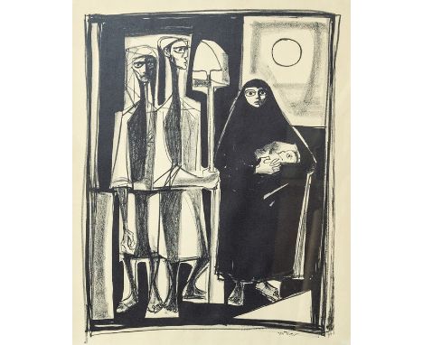 Mahmoud Sabri (Iraqi, 1927-2012), three figures, one a mother cradling her baby, signed in Arabic l.r., lithograph, 71.5 by 5
